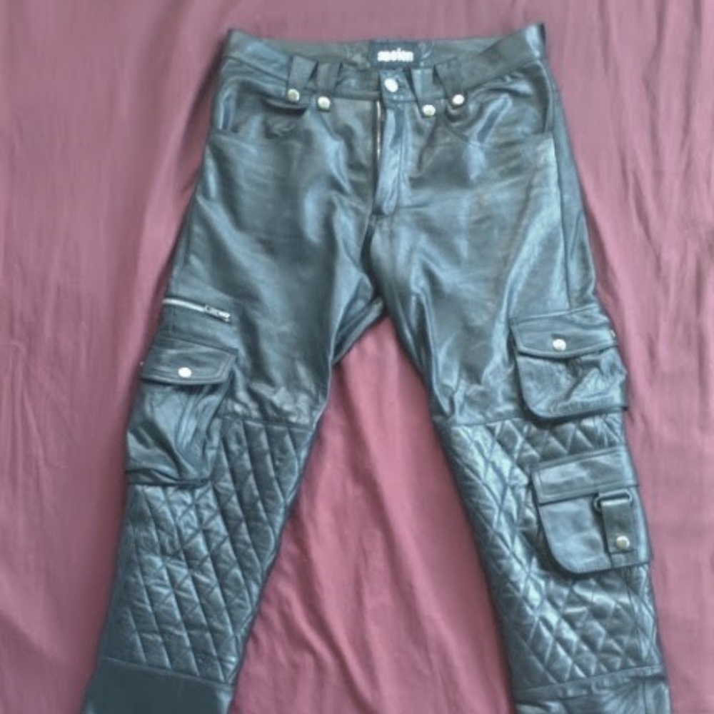 Men's black leather cargos motorcycle biker gear